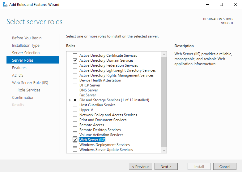 Server Manager Add Roles and Features wizard showing AD Domain Services, File Services, and IIS selected